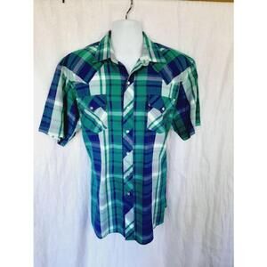 Men's Wrangler Green and Blue Plaid Short Sleeve Shirt Size 17.5